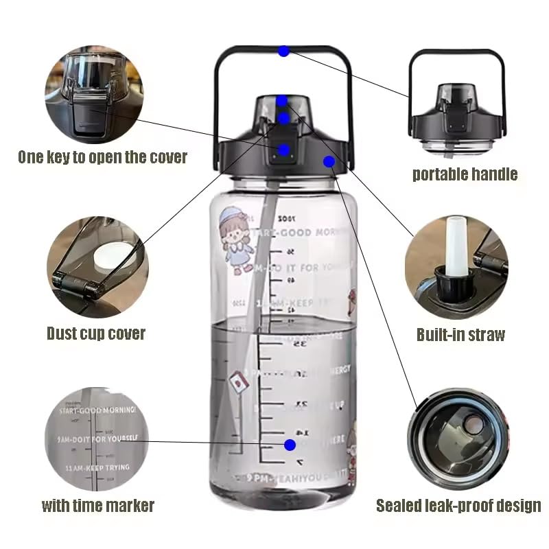2L Motivational Water Bottle with Time Marker Transparent, Leak-Proof